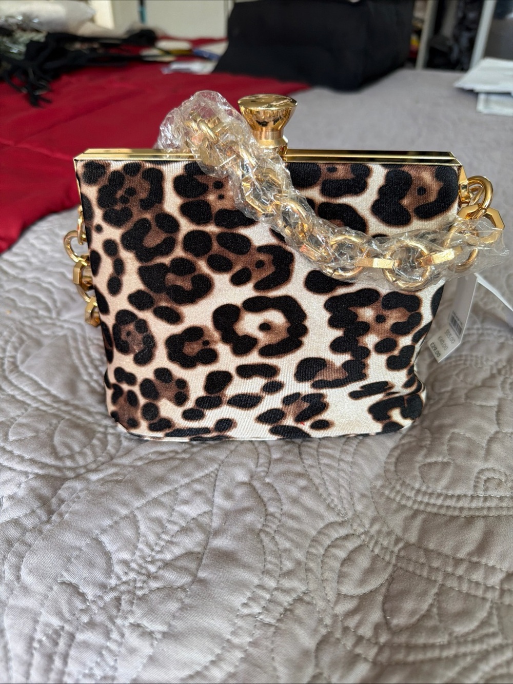 Leopard Print Box Clutch purse with Gold chain Trim handle